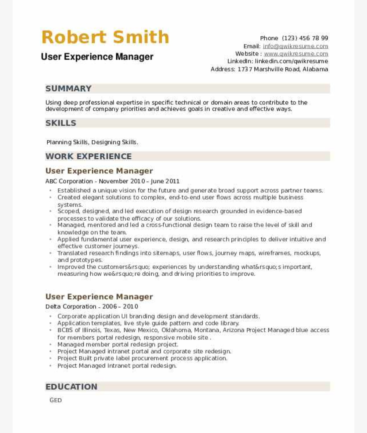 UX manager Resume